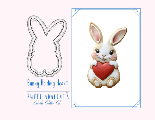 Valentine's Bunny Cookie Cutter, Cute Rabbit Cookie Cutter holding heart, custom 3D printed cutters for royal icing, Woodland Cutter