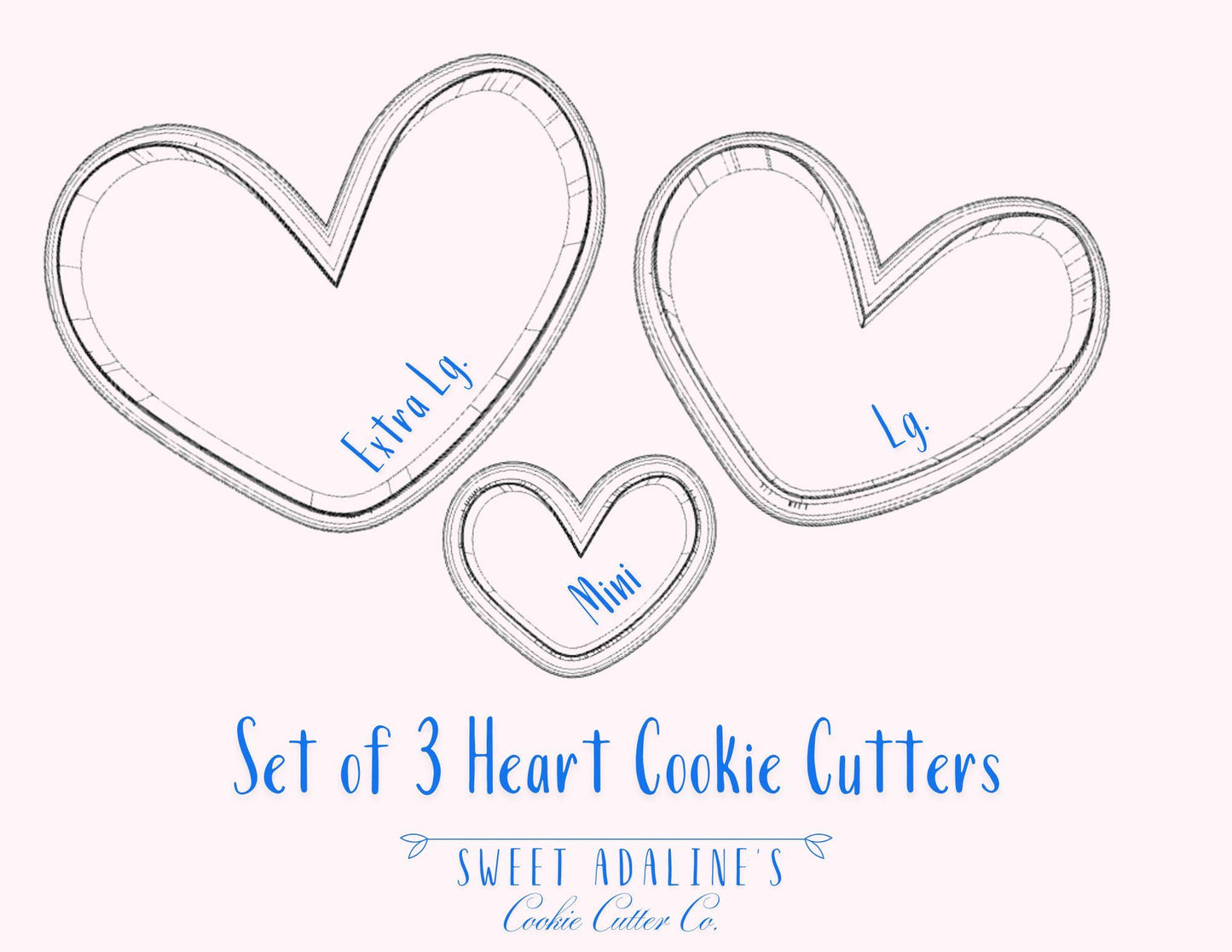 3 Hearts Cookie Cutters, 3D Printed, Custom Color, Bundle of Valentine's Day Heart Cookie Cutters, Same shape 3 sizes, Modern Hearts