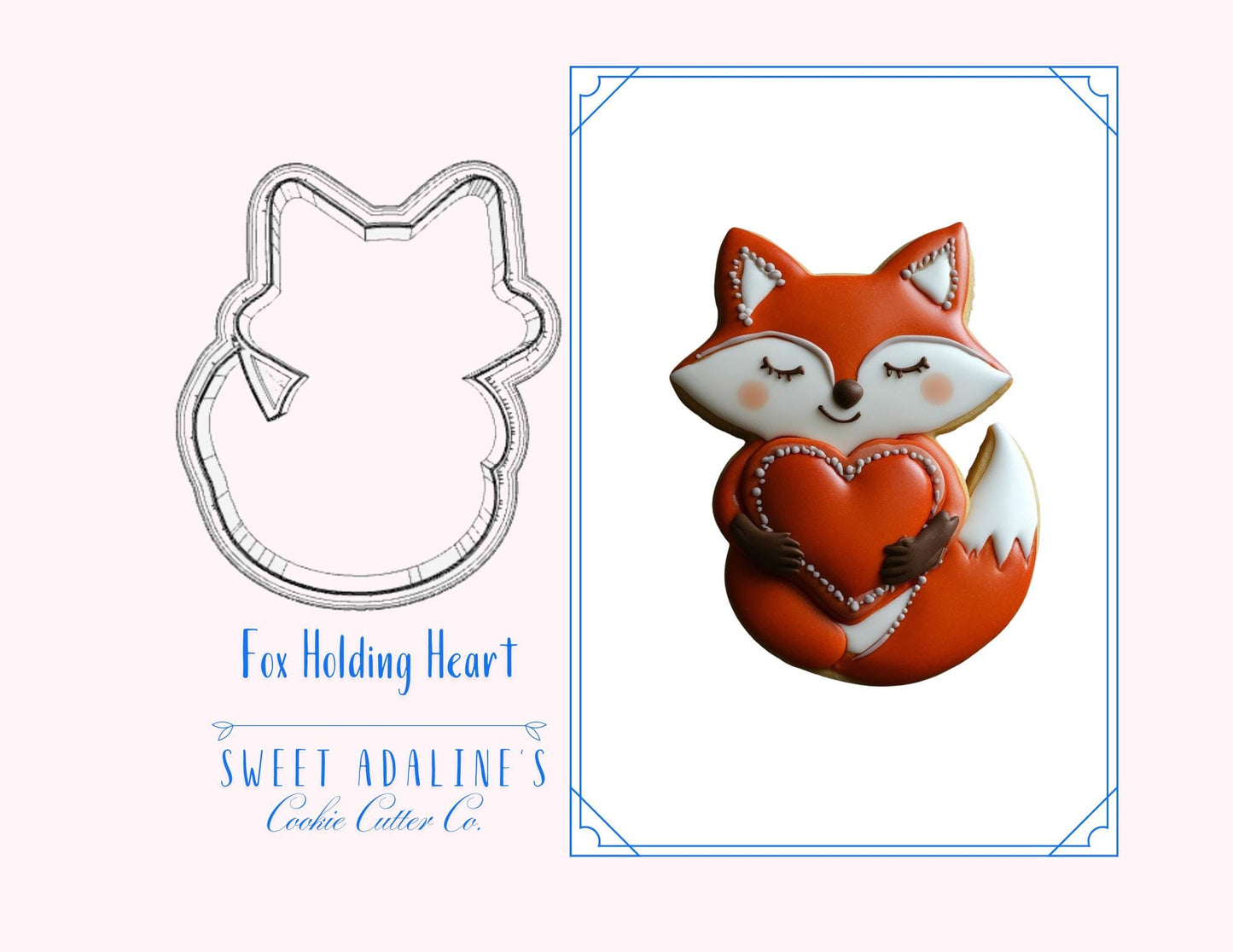 Cute Fox Holding Heart Cookie Cutter, Adorable Animal Cookie Cutter for Valentine's Day & Gifts, custom 3D printed cutters for royal icing
