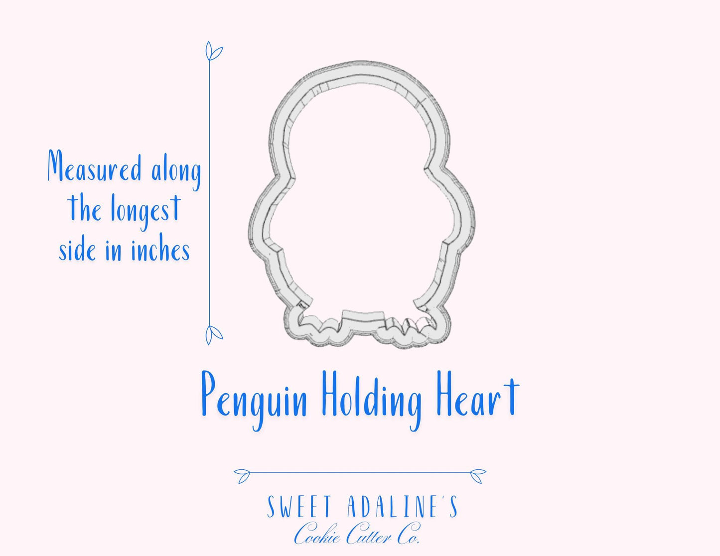 Valentine's Penguin Cookie Cutter, Cute Animal Cookie Cutter holding heart, custom 3D printed cutters for royal icing, Frosted Cookie