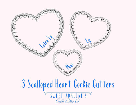 Scalloped Hearts Cookie Cutters, 3D Printed, Custom Color, Bundle of Valentine's Day Cookie Cutters, Same shape 3 sizes, Modern Hearts