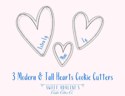 3 Modern and Tall Heart Cookie Cutters, Custom Color, Bundle of Valentine's Cookie Cutters, Same shape 3 sizes, Modern Hearts