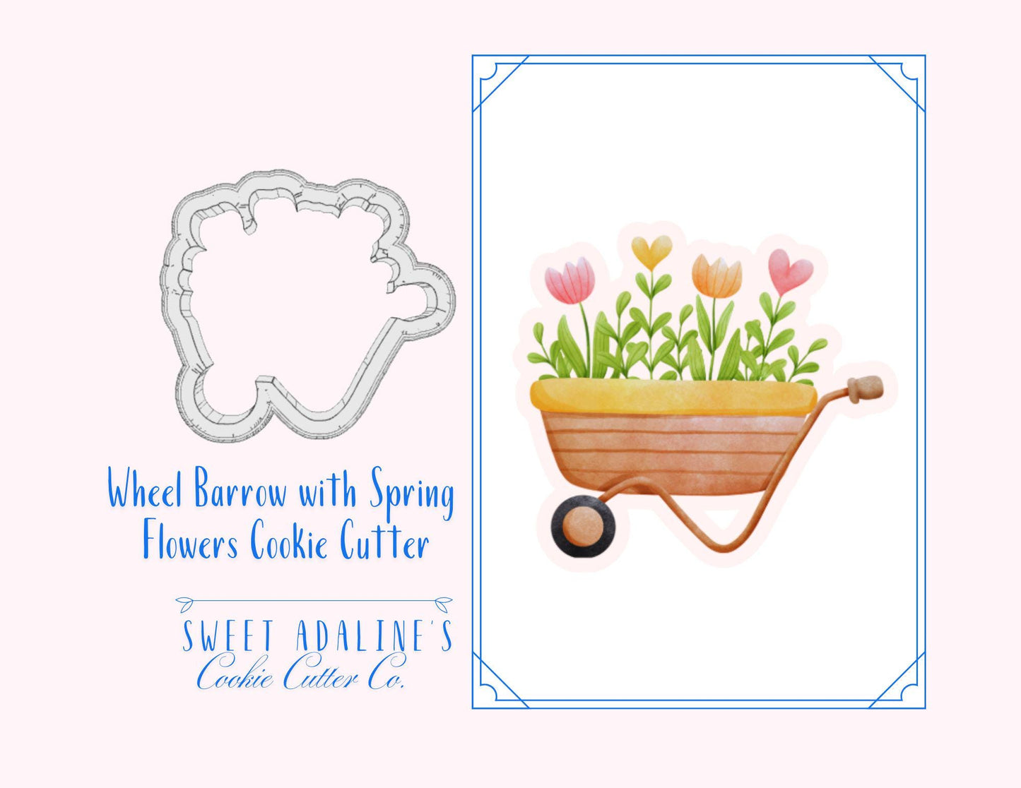 Wheel Barrow with Spring Flowers Cookie Cutter β Perfect for Spring & Garden-Themed Parties β Custom Color - 3 Size Options