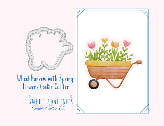 Wheel Barrow with Spring Flowers Cookie Cutter – Perfect for Spring & Garden-Themed Parties – Custom Color - 3 Size Options