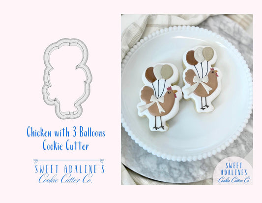 Chicken with 3 Balloons Cookie Cutter – Cute Chicken Design – Perfect for Farm Themed Parties and Gifts – Sturdy, thick cutter with handle