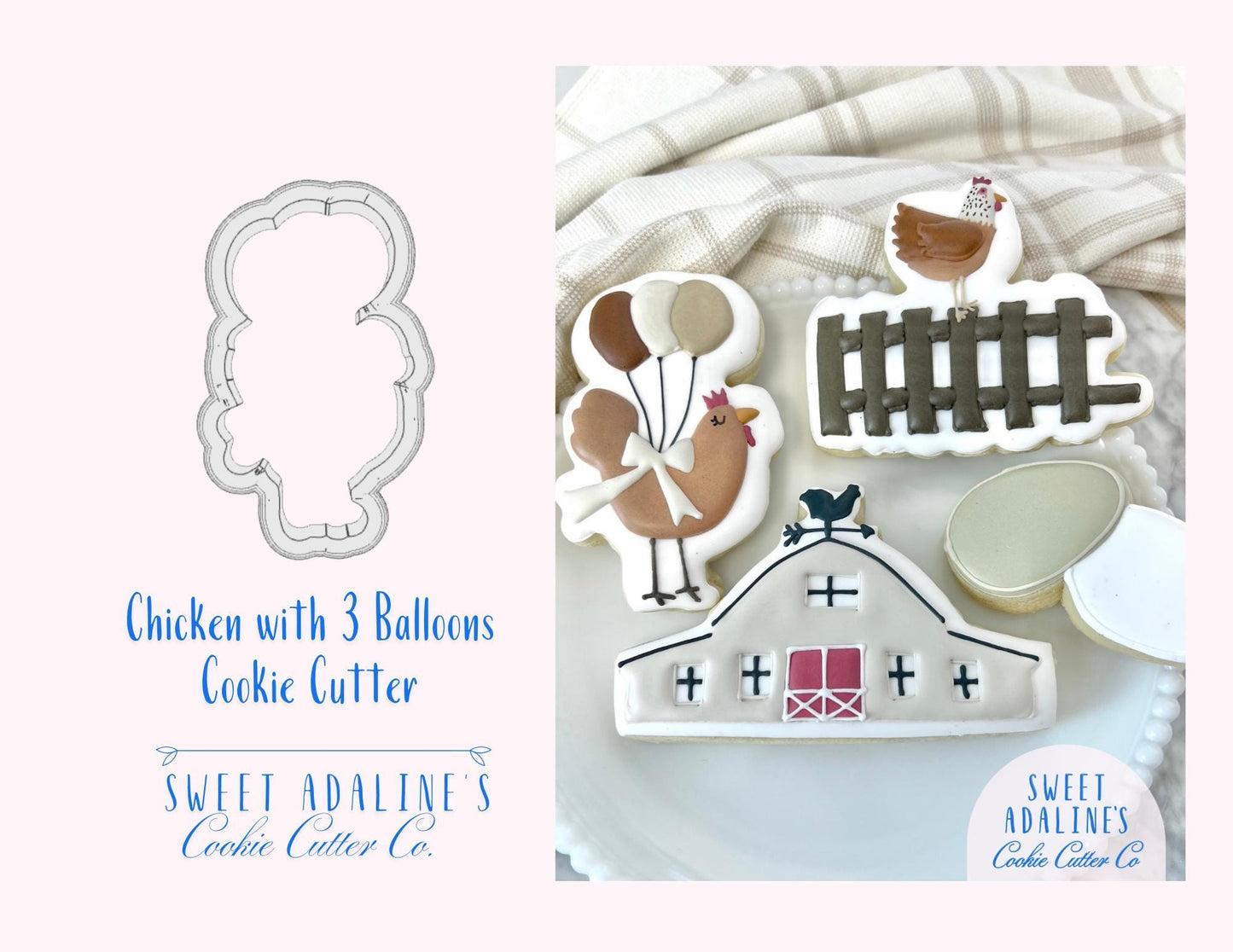 Chicken with 3 Balloons Cookie Cutter β Cute Chicken Design β Perfect for Farm Themed Parties and Gifts β Sturdy, thick cutter with handle
