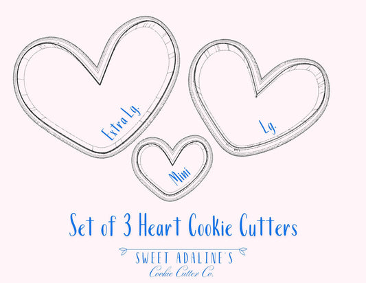 3 Cute Hearts Cookie Cutters, 3D Printed, Bundle of Valentine's Day Heart Cookie Cutters, Same shape 3 sizes, Modern Hearts