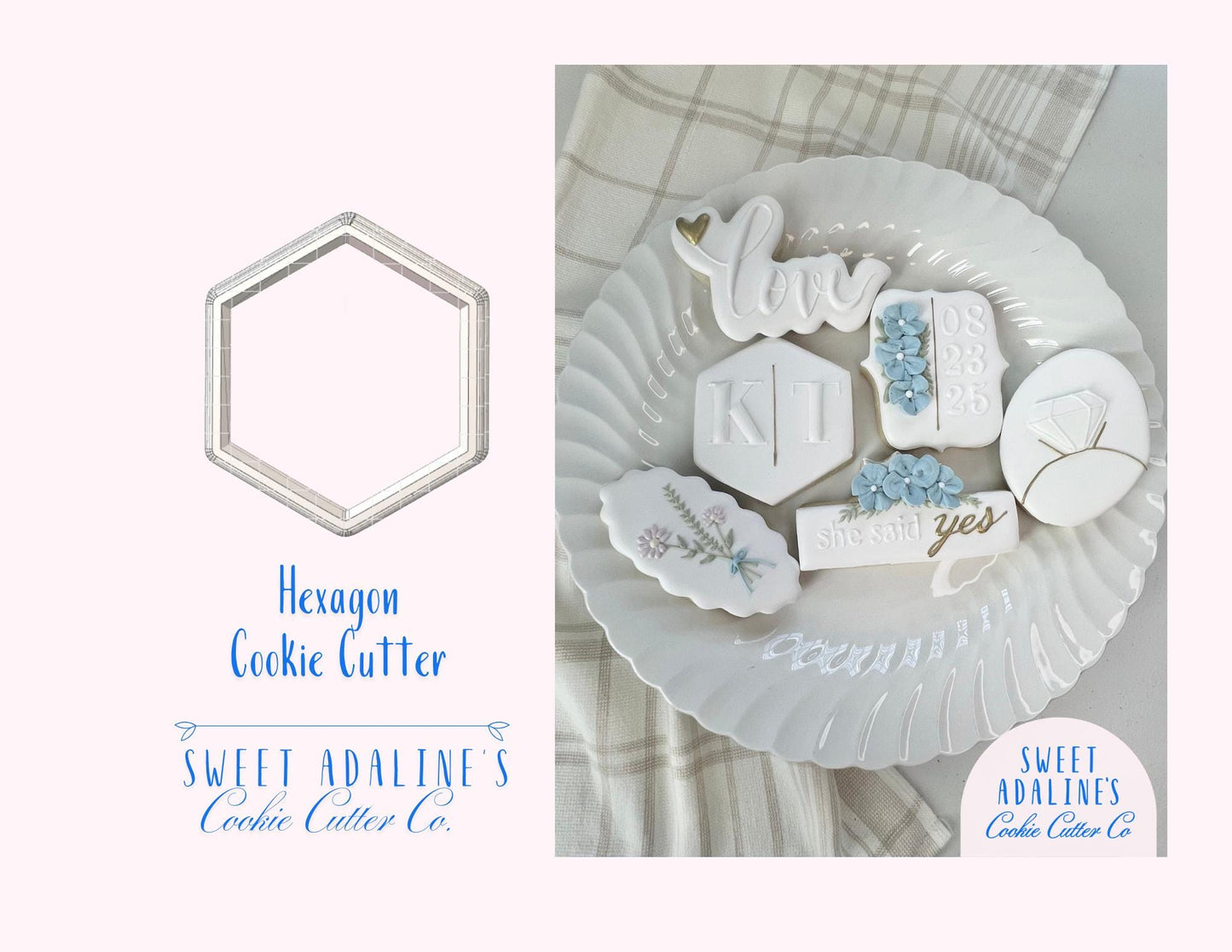 Hexagon Cookie Cutter –Geometric Plaque Cookie Cutter –Wedding Favor Cookie –Engagement Party Baking Tool –Monogram or Initials Sugar Cookie