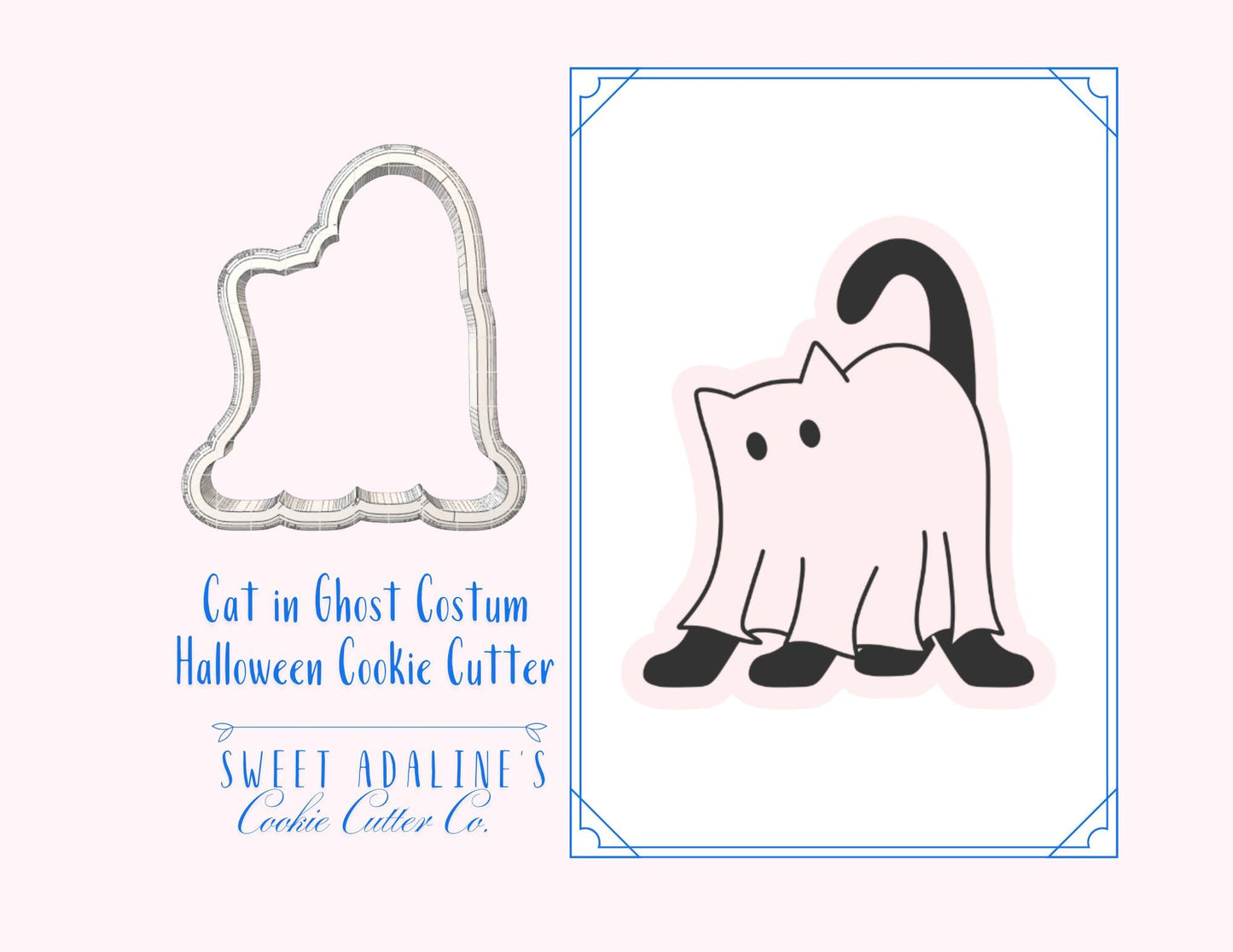 Cute Cat wearing Ghost Costume Cookie Cutter for Halloween — Available in 3 Sizes — Cookie Cutters for Halloween Baking & Decorating