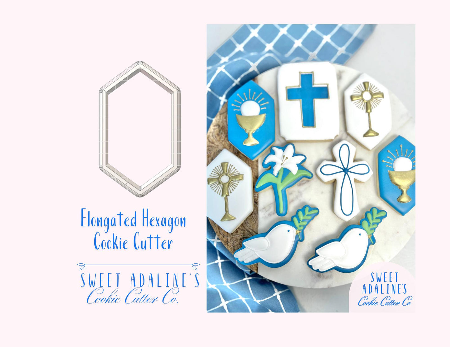 Elongated Hexagon Cookie Cutter – Modern Geometric Cookie – Baptism & Communion Favor – Religious Celebration – Unique Cookie Plaque Design