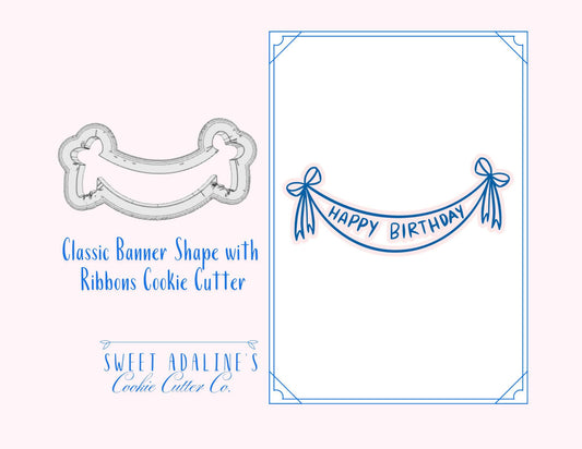 Classic Banner Shape with Ribbons Cookie Cutter – Elegant Banner Design for Parties – 3 Size Options  - Cookie Gifts