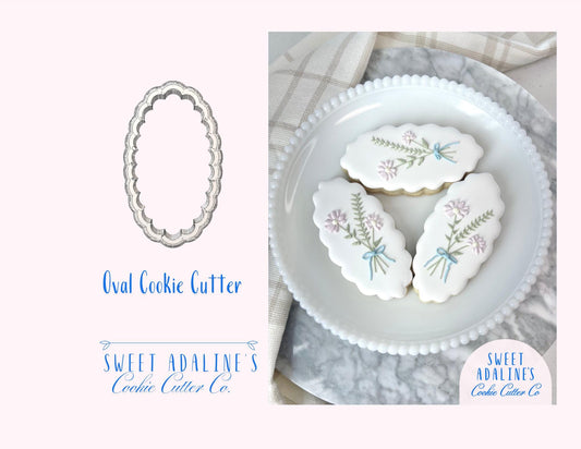 Scallop Oval Cookie Cutter – Elegant Plaque Cookie Cutter – Wedding Favor Cookie – Bridal Shower Baking – Floral or Monogram Sugar Cookie