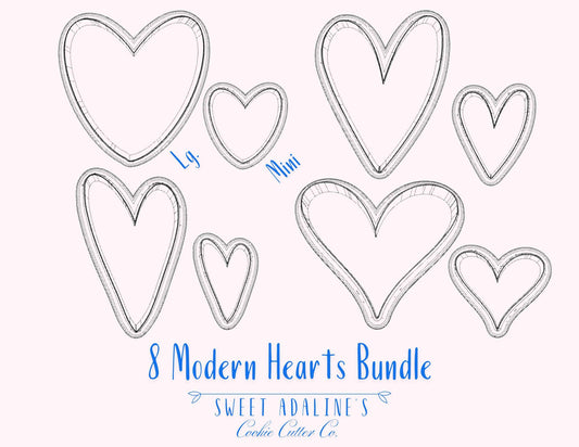 Set of 8 Modern Heart Cookie Cutters, 3D Printed, Bundle of Valentine's Day Hearts Various Sizes, Large and Mini Heart Cookie