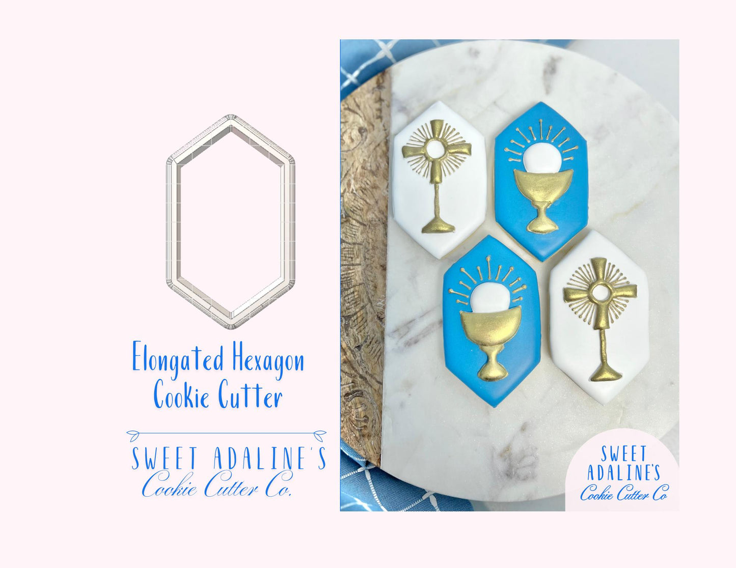 Elongated Hexagon Cookie Cutter – Modern Geometric Cookie – Baptism & Communion Favor – Religious Celebration – Unique Cookie Plaque Design