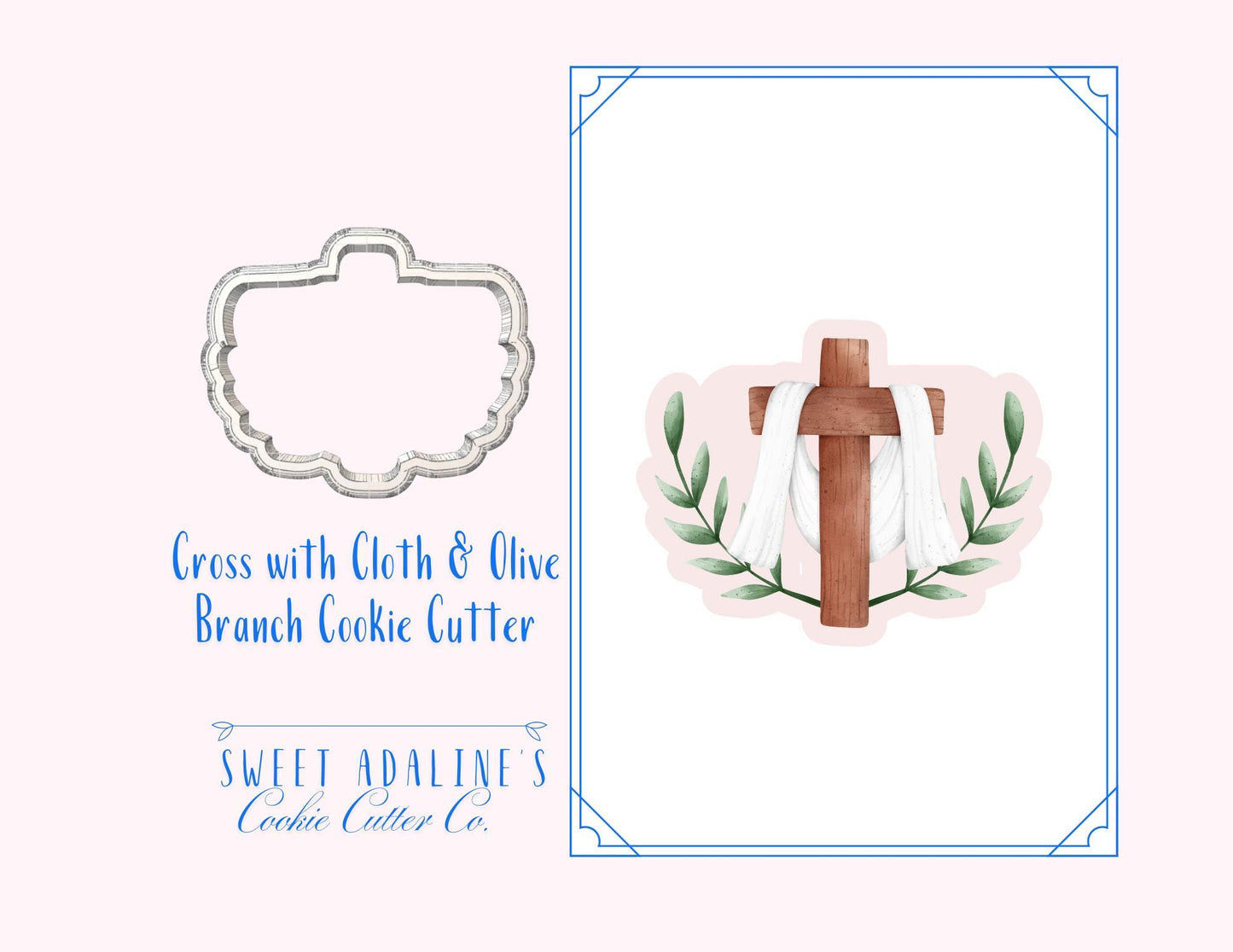 Cross with Cloth & Olive Branch Cookie Cutter – Easter, Baptism, Communion, Confirmation, Religious Cookie Decorating Tool – Multiple Sizes