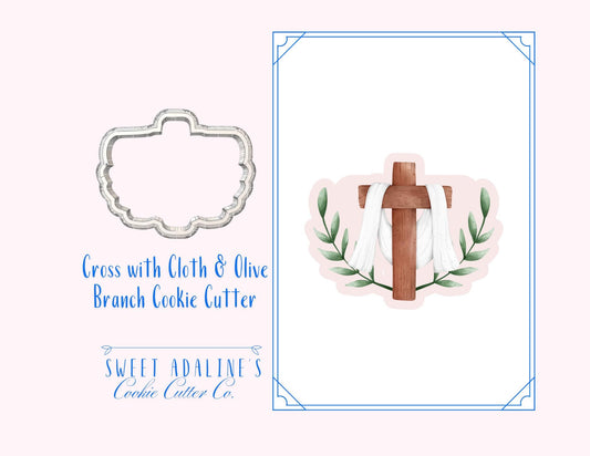 Cross with Cloth & Olive Branch Cookie Cutter – Easter, Baptism, Communion, Confirmation, Religious Cookie Decorating Tool – Multiple Sizes