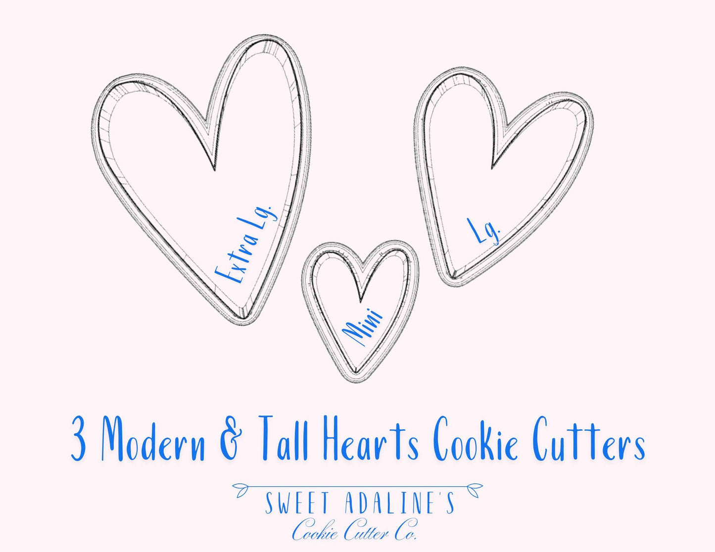 3 Modern and Tall Heart Cookie Cutters, 3D Printed, Bundle of Valentine's Cookie Cutters, Same shape 3 sizes, Modern Hearts