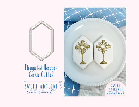 Elongated Hexagon Cookie Cutter – Modern Geometric Cookie – Baptism & Communion Favor – Religious Celebration – Unique Cookie Plaque Design