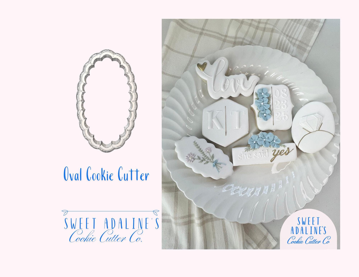 Scallop Oval Cookie Cutter – Elegant Plaque Cookie Cutter – Wedding Favor Cookie – Bridal Shower Baking – Floral or Monogram Sugar Cookie