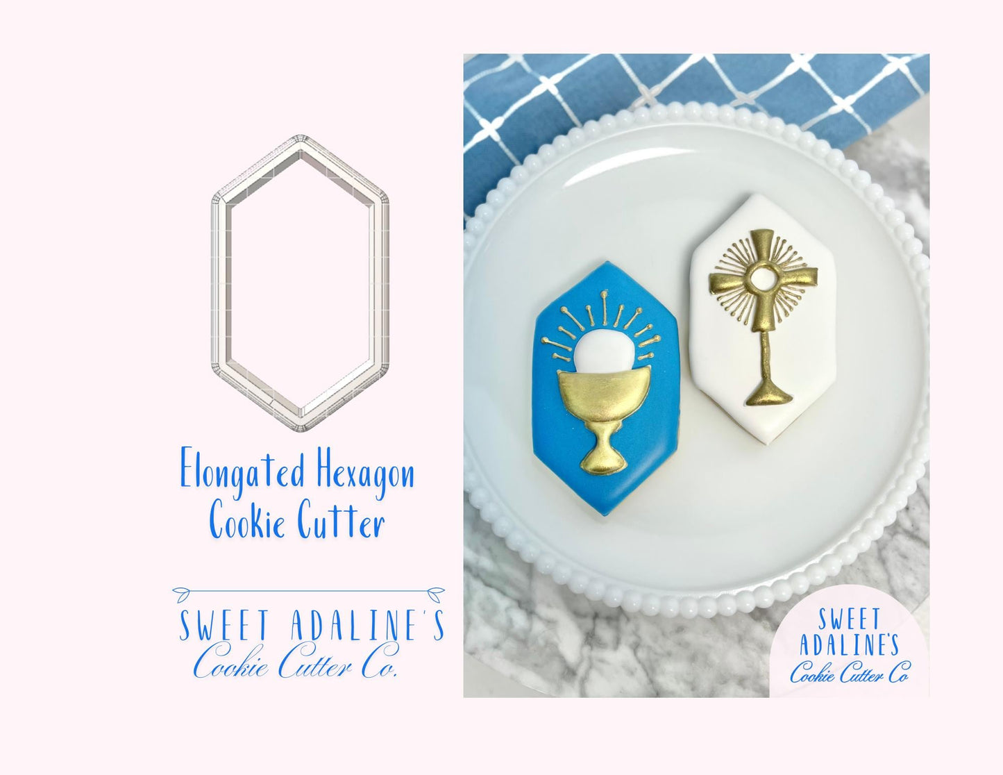 Elongated Hexagon Cookie Cutter – Modern Geometric Cookie – Baptism & Communion Favor – Religious Celebration – Unique Cookie Plaque Design