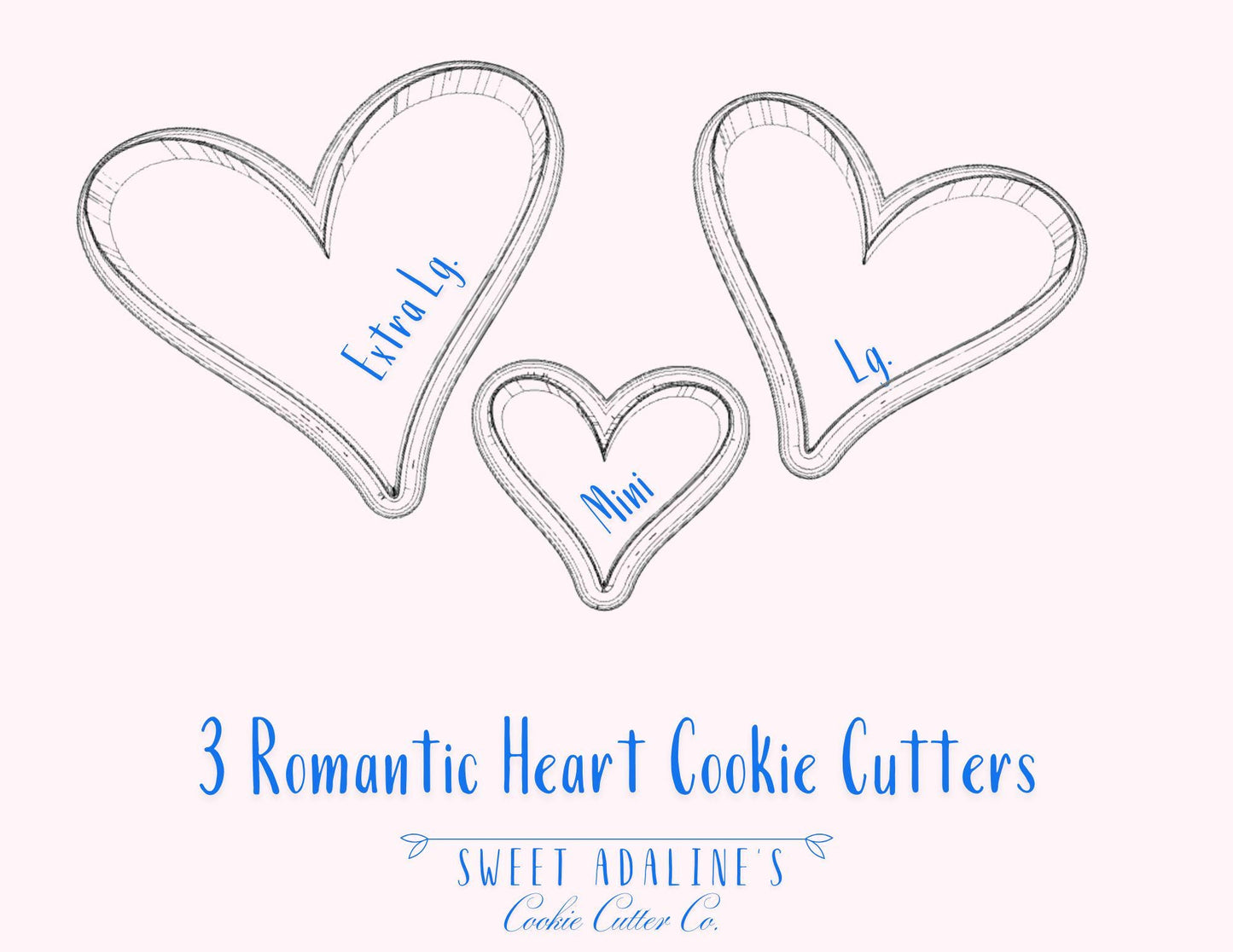 3 Romantic Hearts Cookie Cutters, 3D Printed, Bundle of Valentine's Day Cookie Cutters, Same shape 3 sizes, Modern Hearts