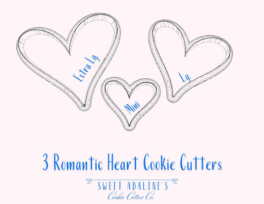3 Romantic Hearts Cookie Cutters, 3D Printed, Bundle of Valentine's Day Cookie Cutters, Same shape 3 sizes, Modern Hearts
