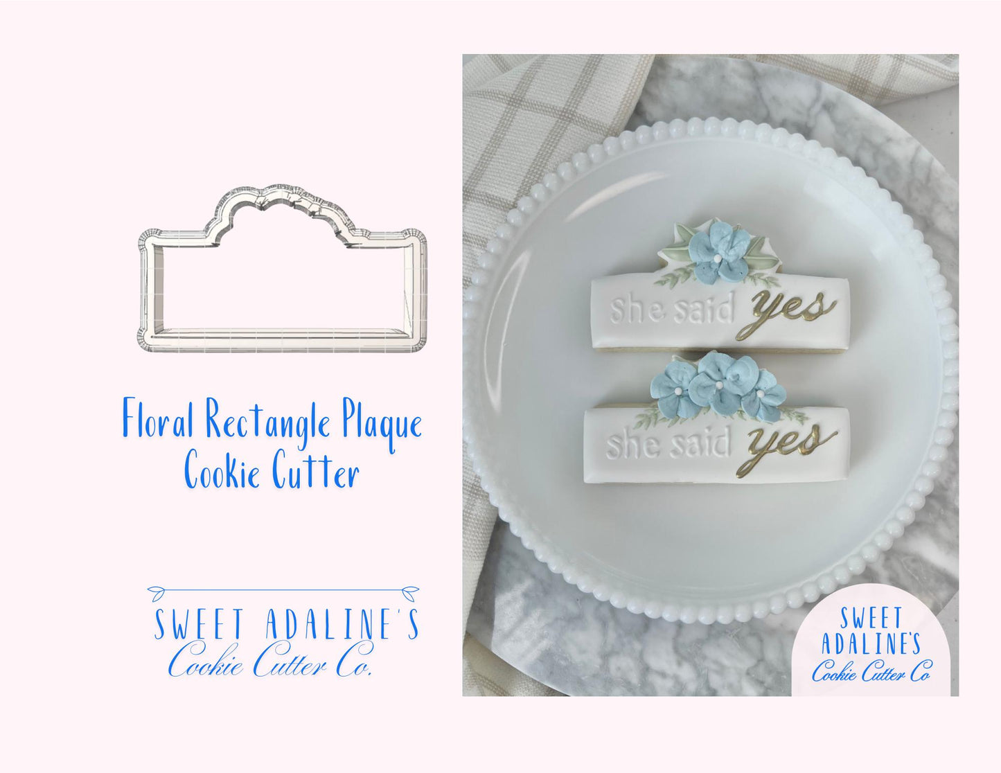 Floral Rectangle Plaque Cookie Cutter – Wedding Cookie Cutter – Engagement Party Favor – She Said Yes Cookie – Bridal Shower Baking Tool