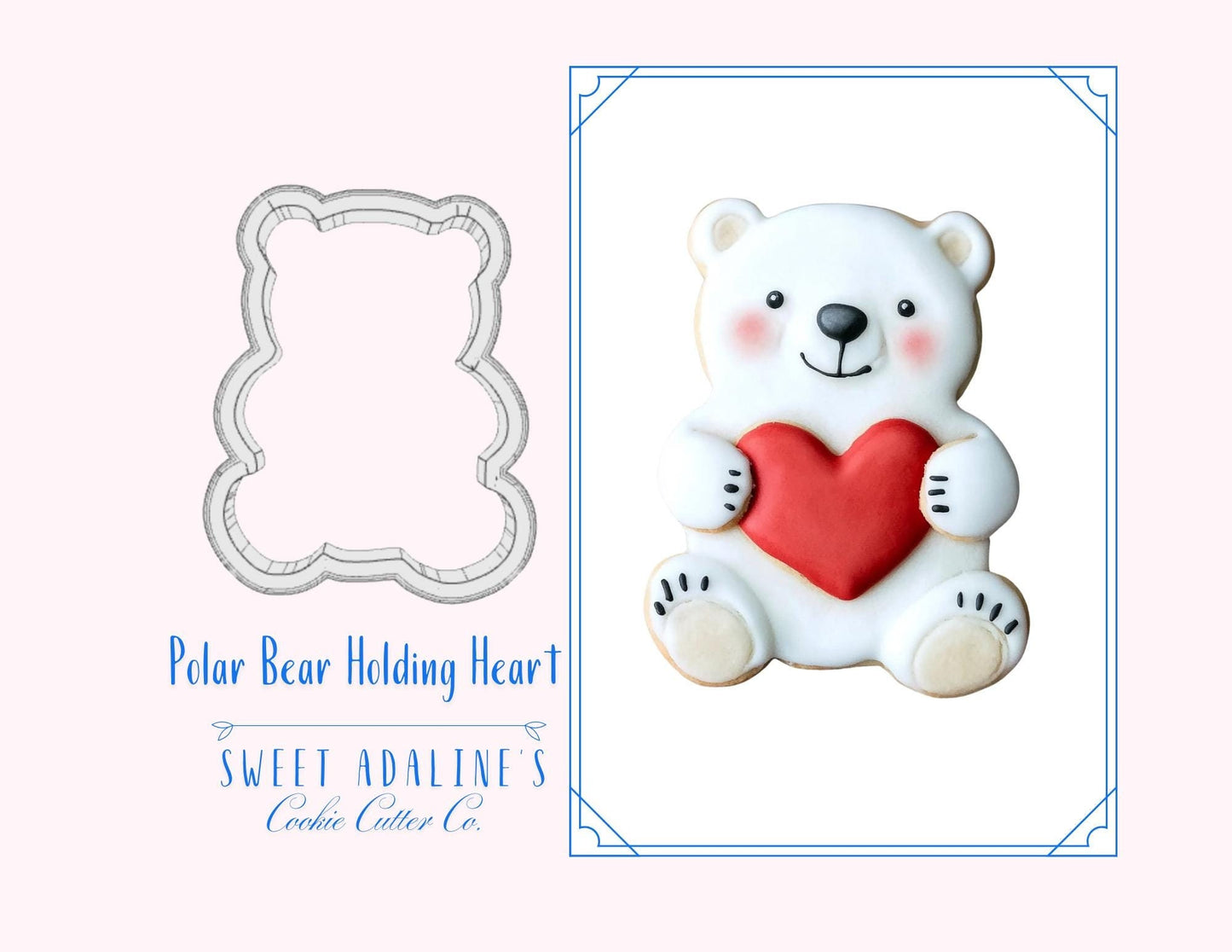 Valentine's Polar Bear Cookie Cutter, Cute Animal Cutter holding heart, custom 3D printed cutters for royal icing, Frosted Cookie