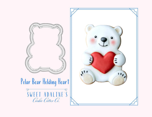 Valentine's Polar Bear Cookie Cutter, Cute Animal Cutter holding heart, custom 3D printed cutters for royal icing, Frosted Cookie