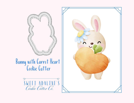 Bunny Holding Carrot Heart Cookie Cutter –Adorable Spring Design for Easter Treats – Choose Your Size