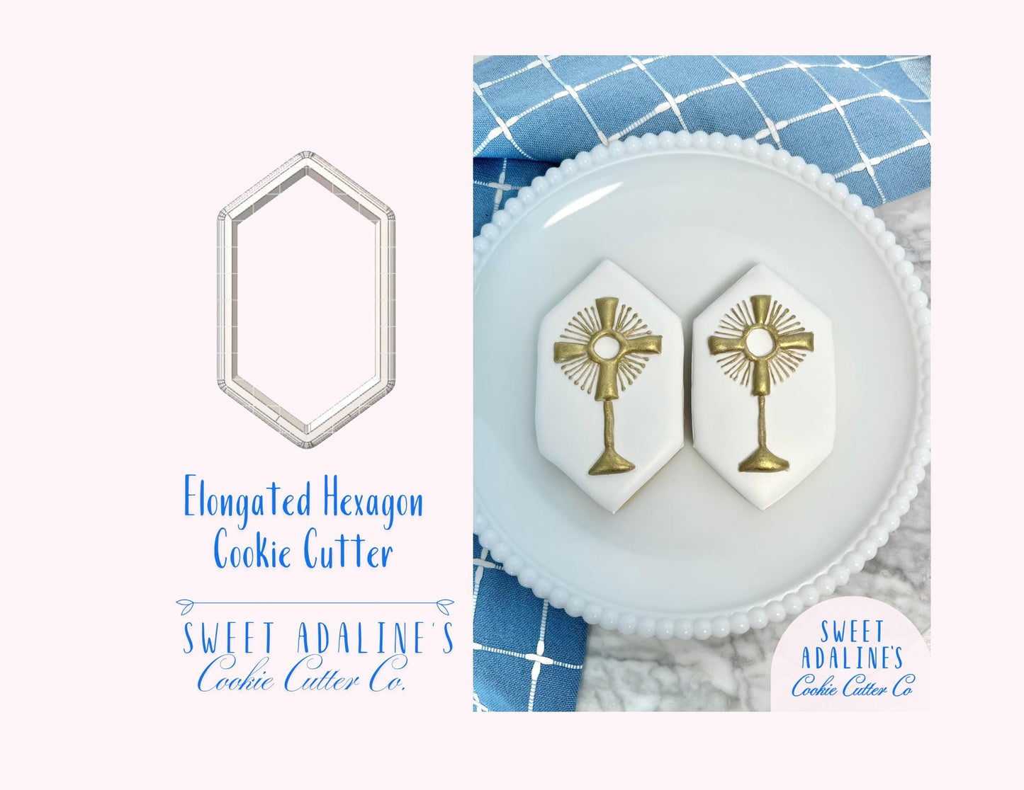 Elongated Hexagon Cookie Cutter – Modern Geometric Cookie – Baptism & Communion Favor – Religious Celebration – Unique Cookie Plaque Design