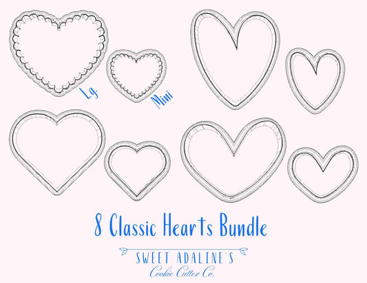 Set of 8 Classic Heart Cookie Cutters, 3D Printed, Bundle of Valentine's Day Hearts Various Sizes, Large and Mini Heart Cookie