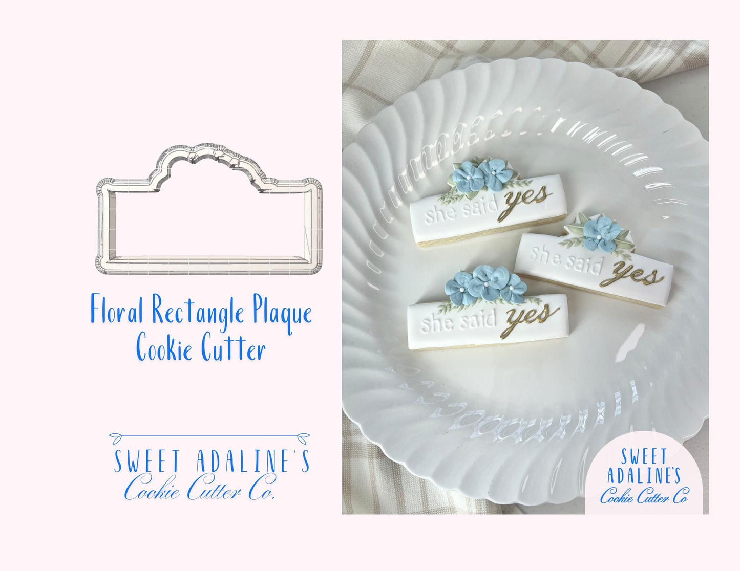 Floral Rectangle Plaque Cookie Cutter – Wedding Cookie Cutter – Engagement Party Favor – She Said Yes Cookie – Bridal Shower Baking Tool