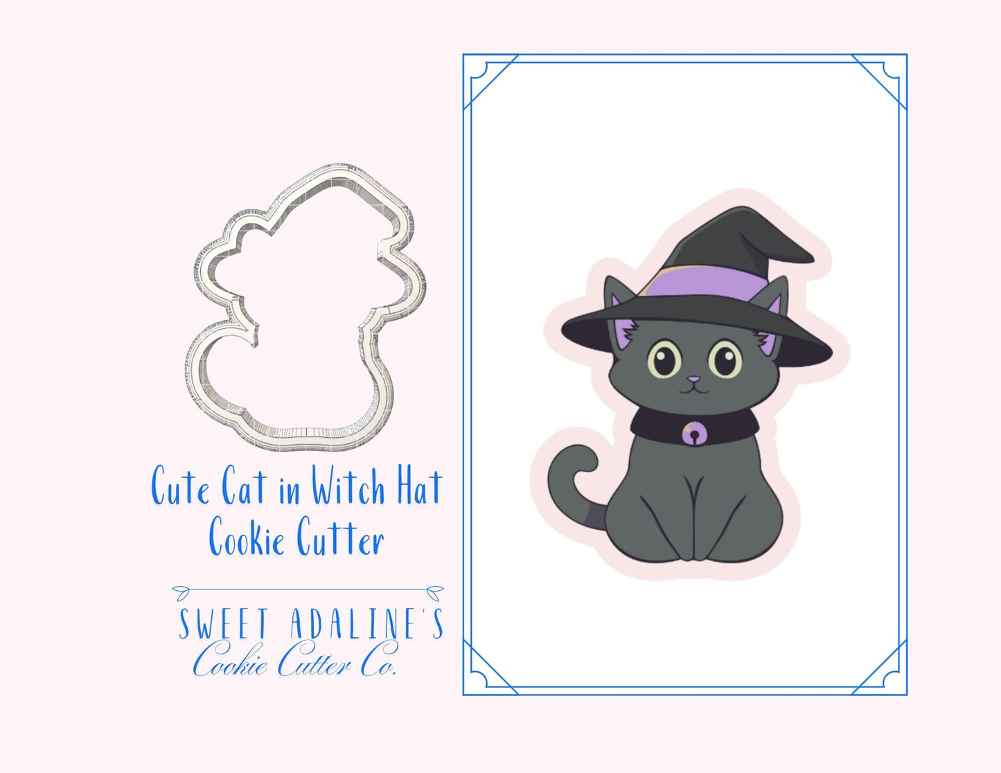 Cute Cat wearing Witch's Hat Cookie Cutter for Halloween — Available in 3 Sizes — Cookie Cutters for Halloween Baking & Decorating