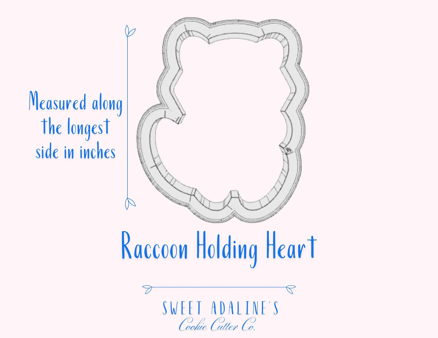 Valentine's Raccoon Cookie Cutter, Cute Racoon Cookie Cutter holding heart, custom 3D printed cutters for royal icing, Woodland Cutter