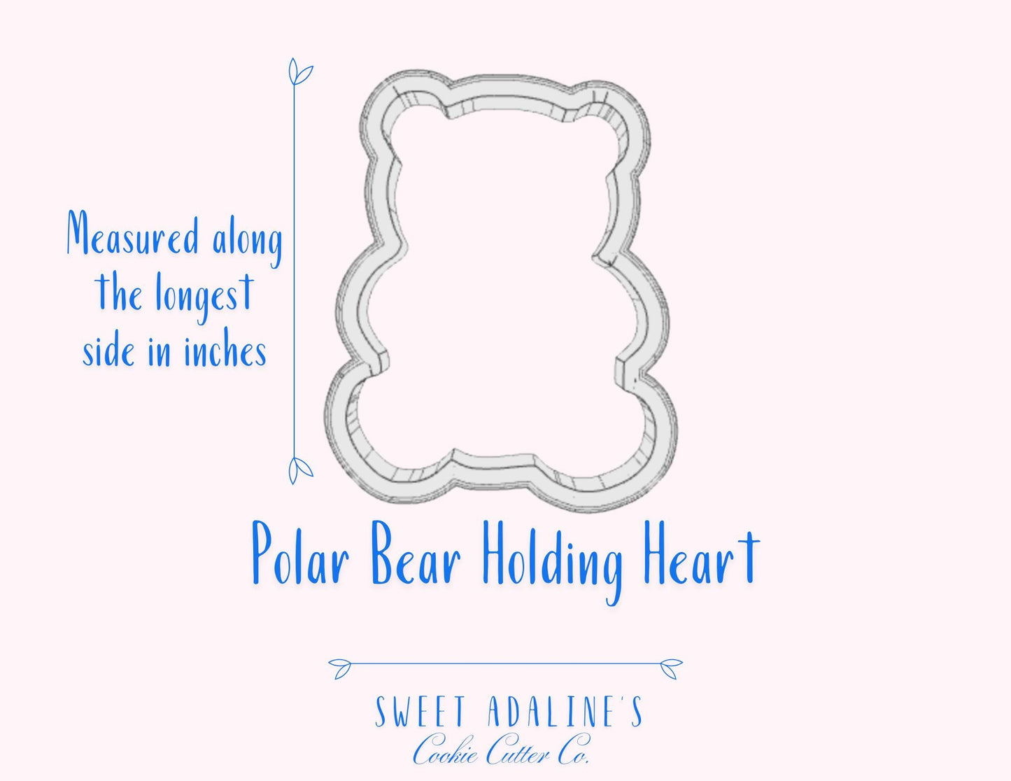 Valentine's Polar Bear Cookie Cutter, Cute Animal Cookie Cutter holding heart, custom 3D printed cutters for royal icing, Frosted Cookie