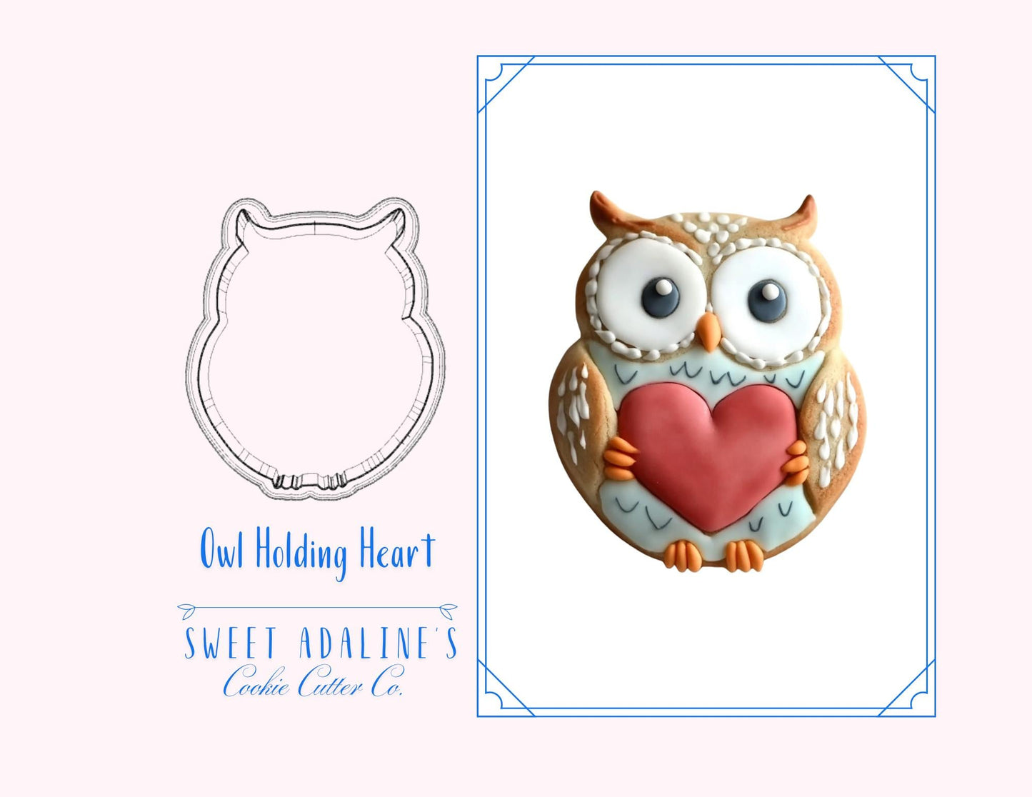 Valentine's Owl Cookie Cutter, Cute Animal Cookie Cutter holding heart for Gifts, custom 3D printed cutters for royal icing, Woodland Cutter