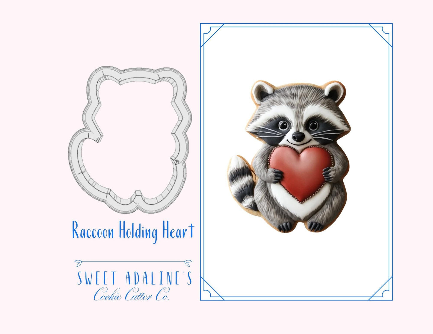 Valentine's Raccoon Cookie Cutter, Cute Racoon Cookie Cutter holding heart, custom 3D printed cutters for royal icing, Woodland Cutter