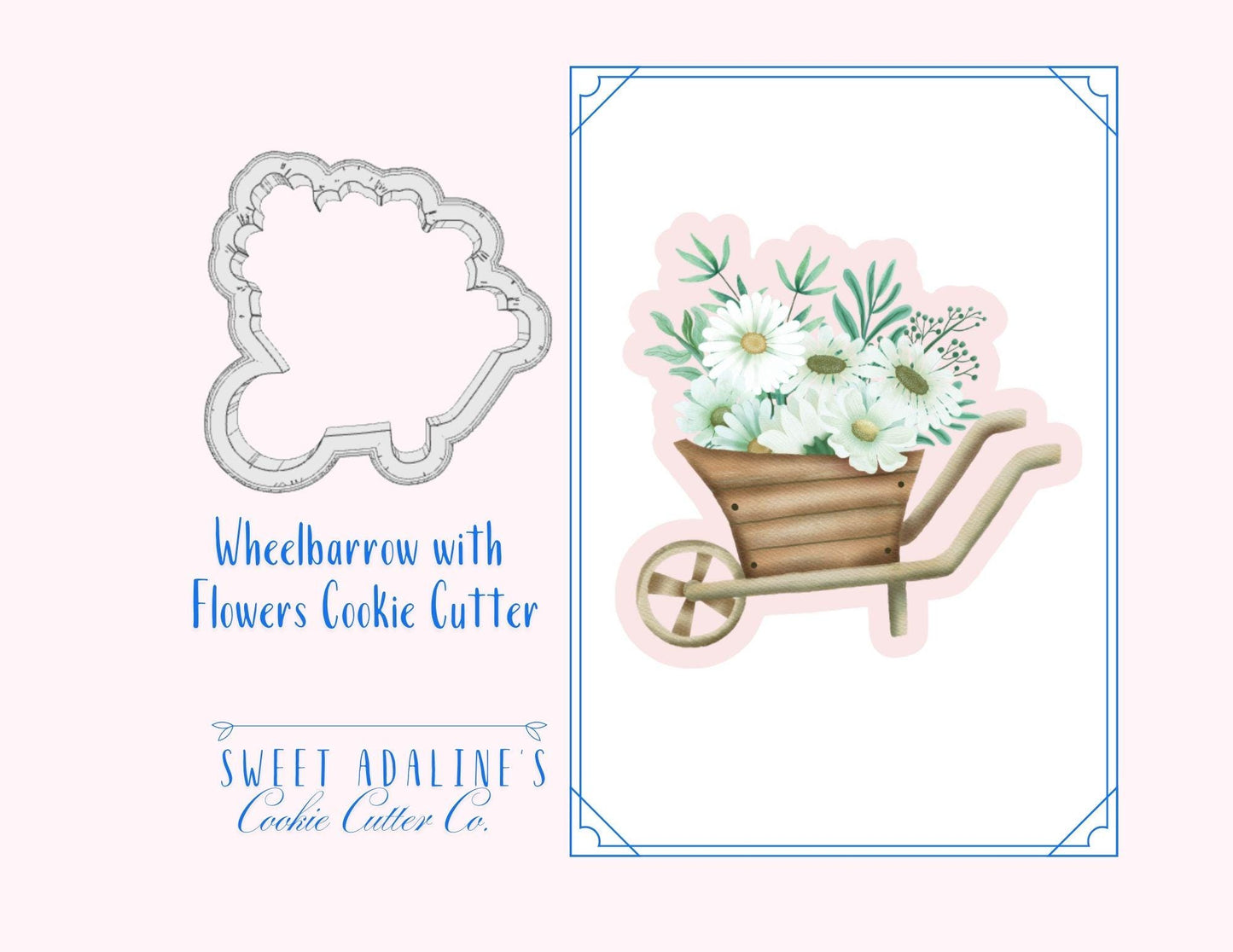 Wheelbarrow with Flowers Cookie Cutter – Baking for Spring & Garden-Themed Parties – Custom Color - 3 Size Options, Sturdy, Thick