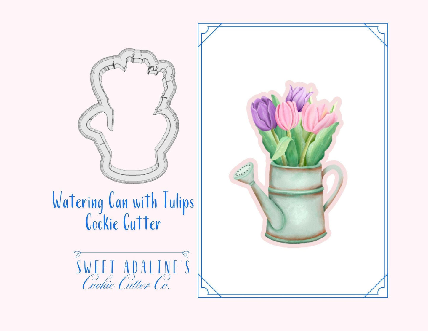 Watering Can with Tulips Cookie Cutter – Garden Design Cookie – Perfect for Spring, Mother’s Day & Gardening Parties – Custom Sizes