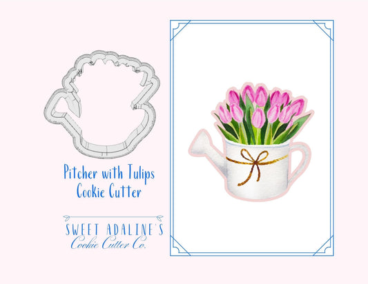 Pitcher with Tulips Cookie Cutter – Spring Flower Design for Garden, Tea, & Spring Parties –Gift for Gardeners -Farmhouse Style Florals