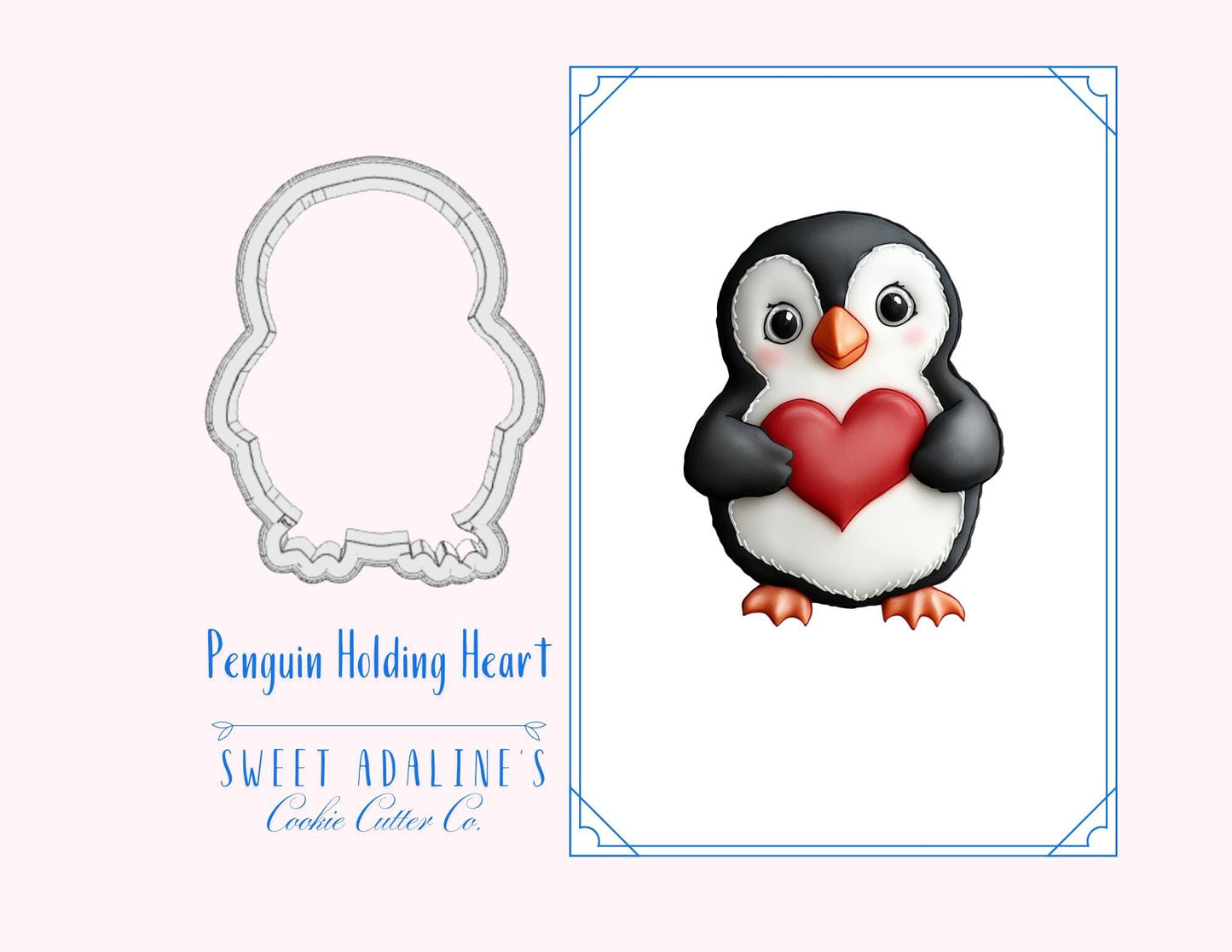 Valentine's Penguin Cookie Cutter, Cute Animal Cookie Cutter holding heart, custom 3D printed cutters for royal icing, Frosted Cookie