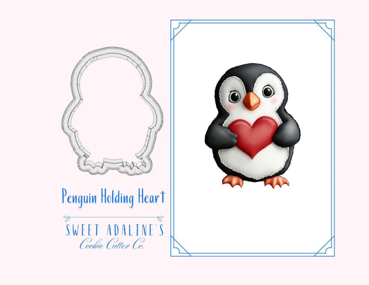 Valentine's Penguin Cookie Cutter, Cute Animal Cookie Cutter holding heart, custom 3D printed cutters for royal icing, Frosted Cookie
