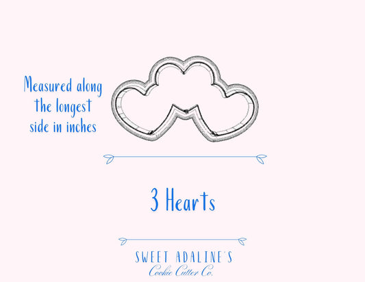 3 Hearts Cookie Cutter, Cute Hearts Cookie Cutter for Valentine's Day, custom 3D printed cutters, Love hearts cookies, Thick Cutters