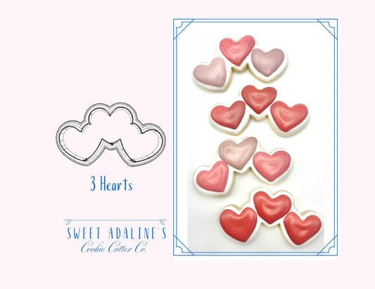 3 Hearts Cookie Cutter, Cute Hearts Cookie Cutter for Valentine's Day, custom 3D printed cutters, Love hearts cookies, Thick Cutters