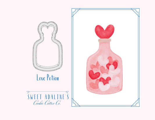Love Potion Bottle Cookie Cutter, Jar of Hearts Design with Heart Lid, Valentine’s Day Baking, 3 Sizes, Custom 3D Printed, Love-Theme