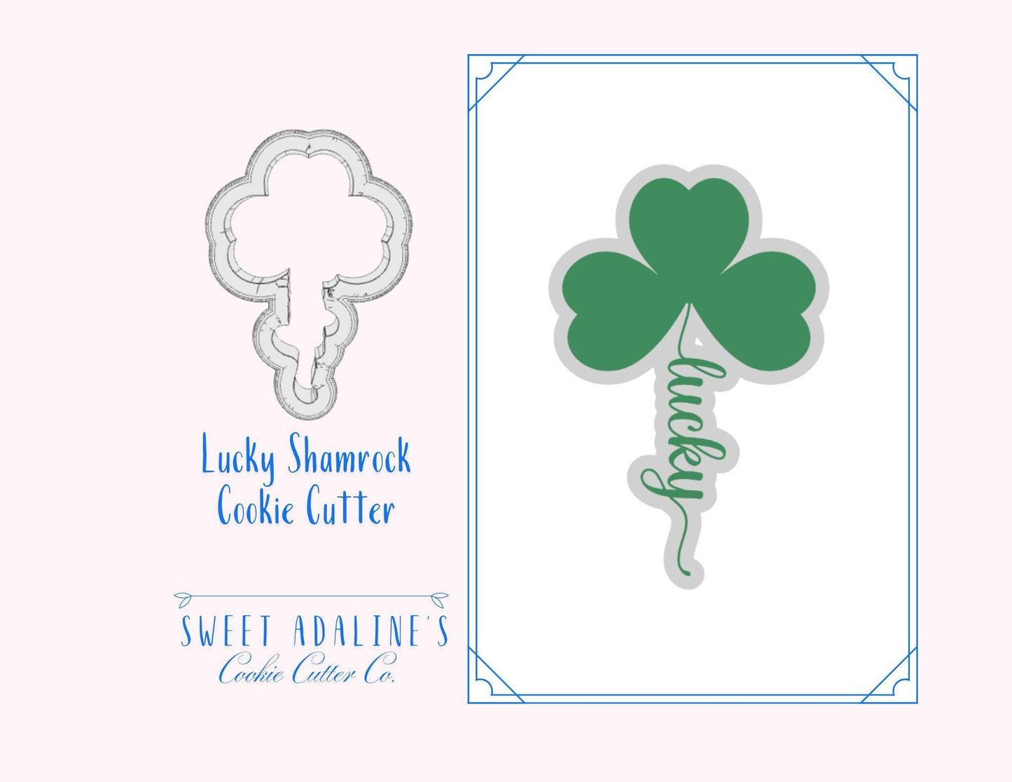 Lucky Shamrock Cookie Cutter – Irish Clover Design with Script "Lucky" –Perfect for St. Patrick's Day –3 Sizes –Custom Color - 3D Printed