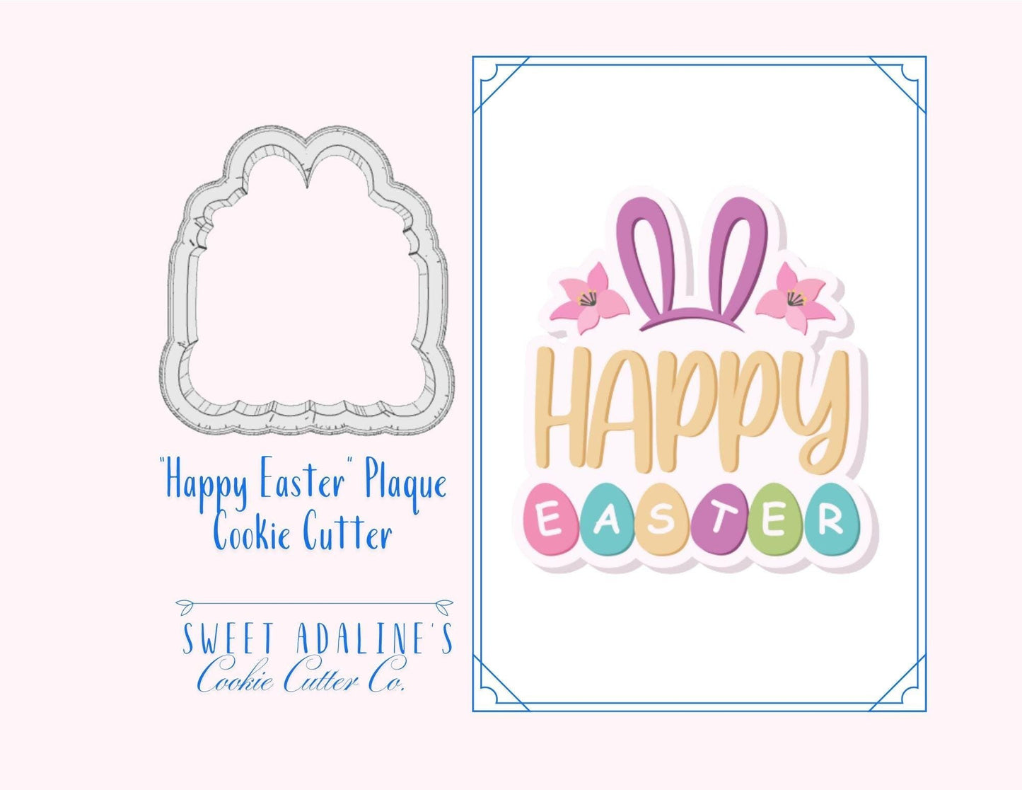 Happy Easter Plaque Cookie Cutter: Bunny Ears Spring Design - 3 Sizes