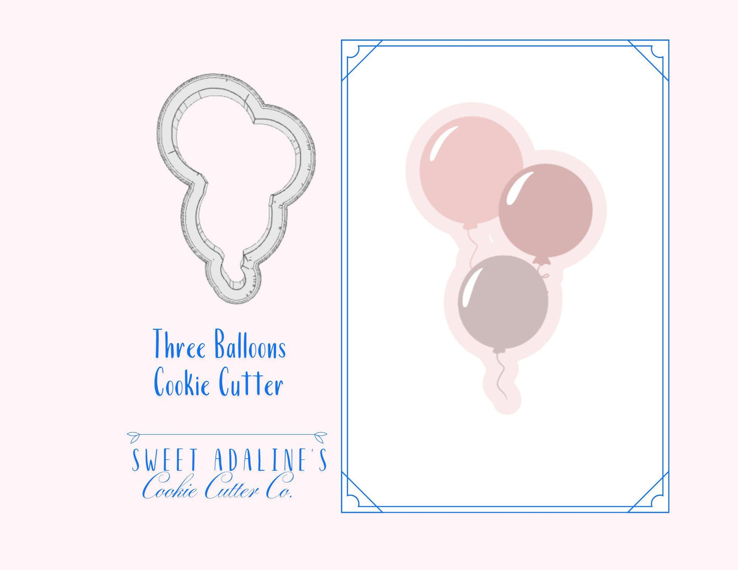 Three Balloons Cookie Cutter – Stacked Balloons Design for Celebrations – 3 Sizes - 3D Printed Cutters - Thick Dough, Sturdy cookie