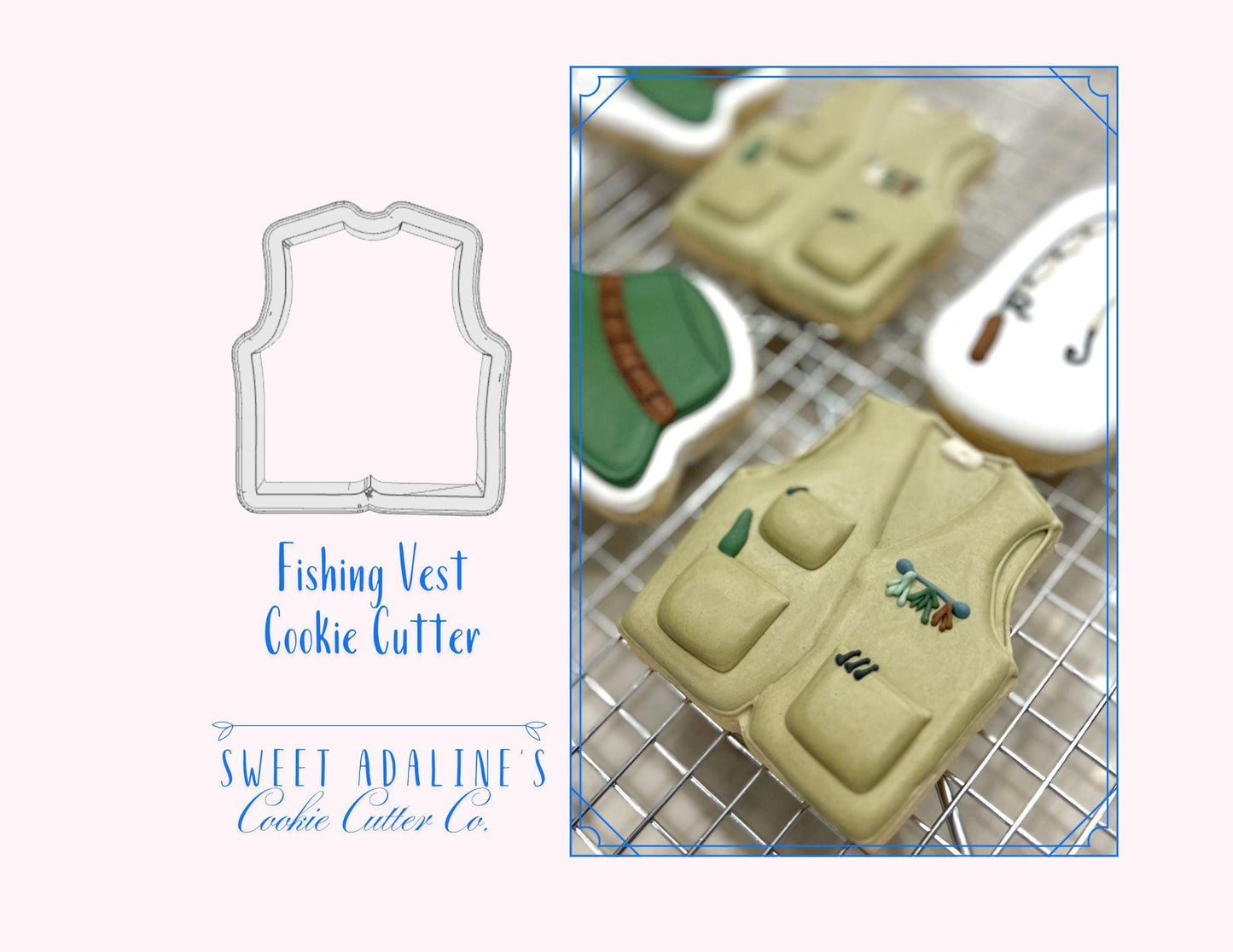 Fishing Vest Cookie Cutter – Perfect for Father's Day, Summer Parties & Lake Days – Custom Color - 3D Printed - Sturdy for Thick Dough